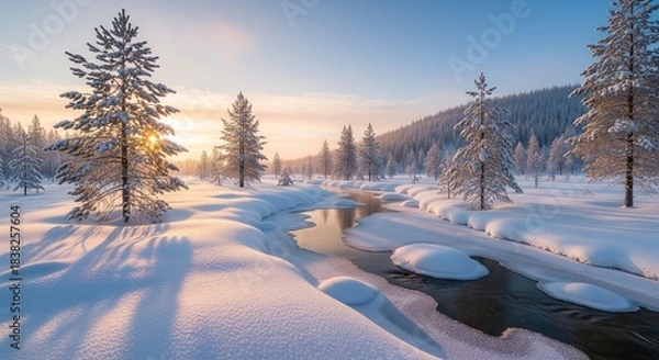 Obraz Winter Wonderland: Snow-Covered Trees and River at Sunset in Finland