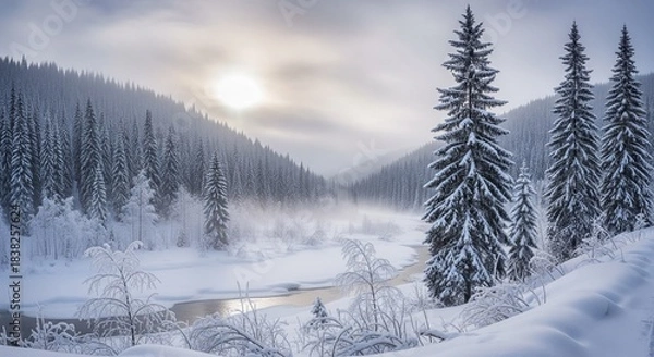 Obraz Snowy Winter Wonderland: Serene Forest and River Landscape with Coniferous Trees