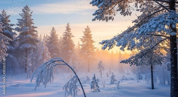 Obraz Golden Sunrise Illuminating a Snow Covered Forest in Wintertime