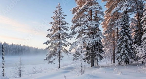 Obraz Peaceful winter wonderland scene with snow-covered trees and soft light