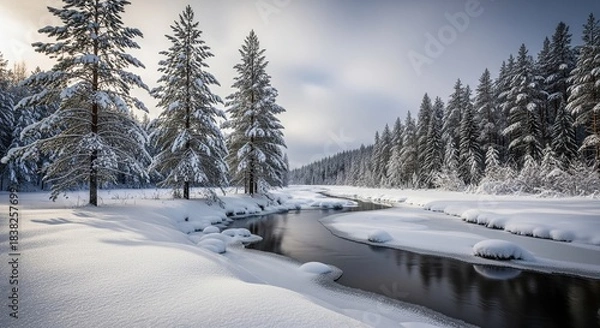 Obraz Serene winter landscape featuring a snow-covered river and tall pine trees