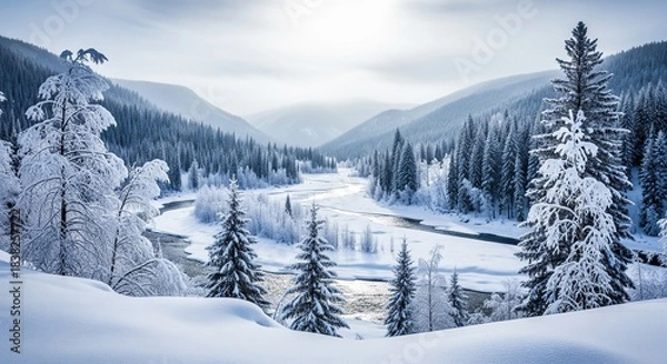 Obraz Serene Winter Landscape with River and Snow-Covered Trees