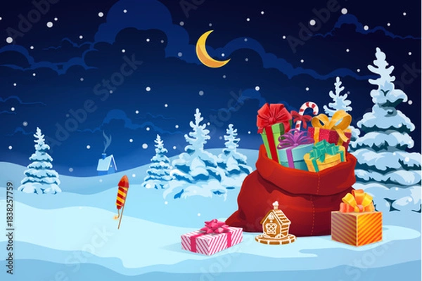 Obraz Merry Christmas greeting card with holiday gifts and bag on snow. Cartoon vector magical festive winter scene featuring gift boxes and Santa sack surrounded by trees under a night sky with snowflakes
