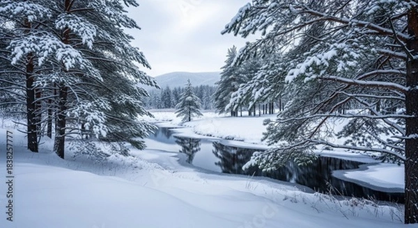 Obraz Tranquil Winter Landscape Featuring Snow Covered Trees and a River