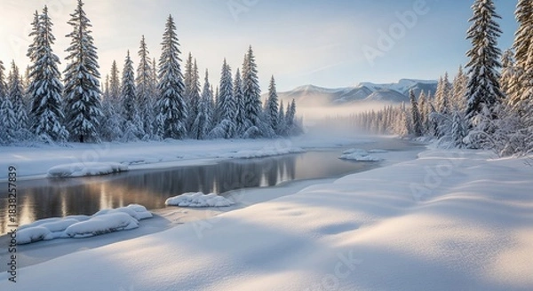 Obraz Serene Winter Landscape with Snow-Covered Trees and Calm River