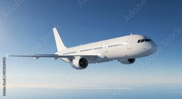 Obraz Passenger airplane in flight soaring in a cloudless light blue sky.