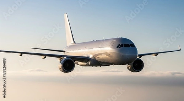 Obraz Silver airplane flying smoothly in a clear, bright, and sunny sky