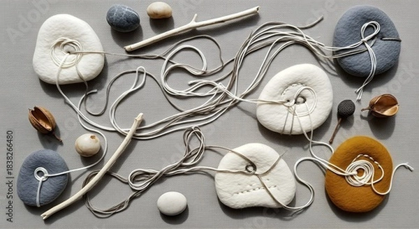 Fototapeta An overhead view of various smooth stones, some with holes, threaded with white string, arranged with sticks and pebbles on a grey surface.