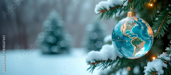 Fototapeta Banner with Christmas tree decorated with glass globe with golden continents. Concept of ecological consciousness and sustainability of future. Copy space, for text
