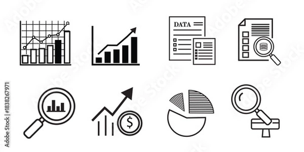 Fototapeta Data analysis and financial report icon set. Market research statistics, business audit, investment growth chart, and big data document vector.