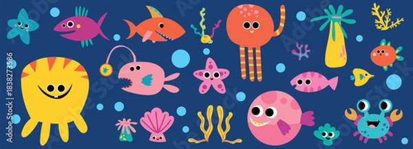 Obraz Cute ocean fish underwater world animal collection. Childish funny aquarium characters saline colorful graphic for education, books. Aquatic sea kid design set.