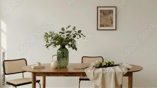 Fototapeta Elegant Dining Setup with Fresh Flowers and Fruits in a Minimalist Home Interior