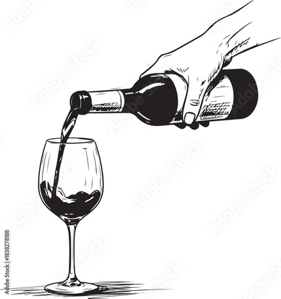 Fototapeta Illustration of hand pouring wine into a glass in black and white sketch style. Vector illustration