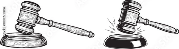 Fototapeta Wooden judge's gavel and sound block in black and white sketch, justice concept. Law, Justice, Auction, Authority, and Judgement Symbol Vector