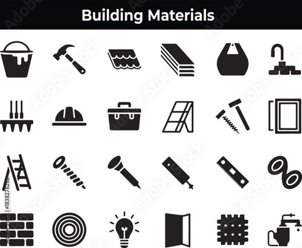 Fototapeta Black Silhouette Icons Set of Building Materials and Tools
