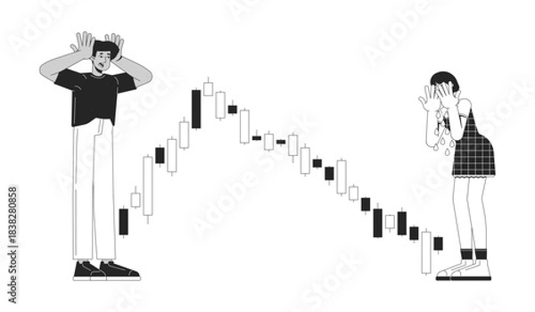 Obraz Pump and dump line illustration concept. Emotional trading. Investors crying and shocked to market crash with falling candlestick chart outline 2D characters isolated. Ink linear metaphor vector art