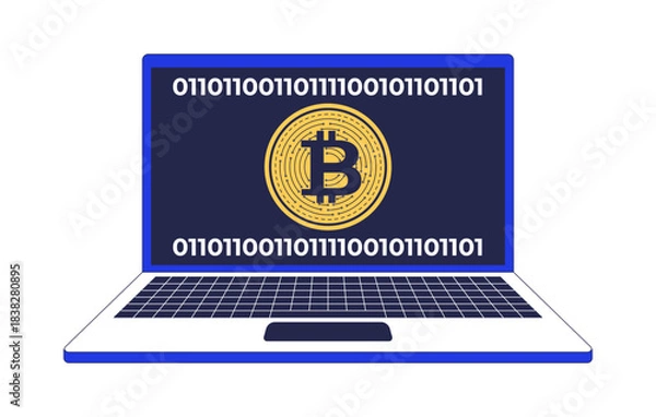 Obraz Bitcoin symbol on laptop screen with binary code 2D cartoon object. Digital currency. Blockchain technology. Cryptocurrency software isolated element flat vector clip art on white. Spot illustration