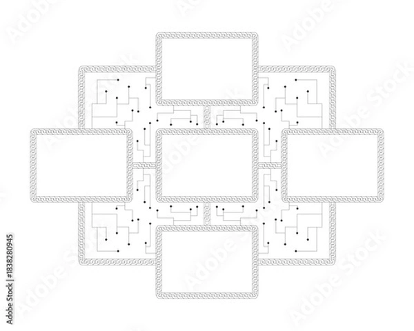 Obraz Blank blockchain network with digital connections 2D line object. Interconnected empty blocks with circuits and chains links isolated clipart vector ink outline item. Monochrome spot illustration