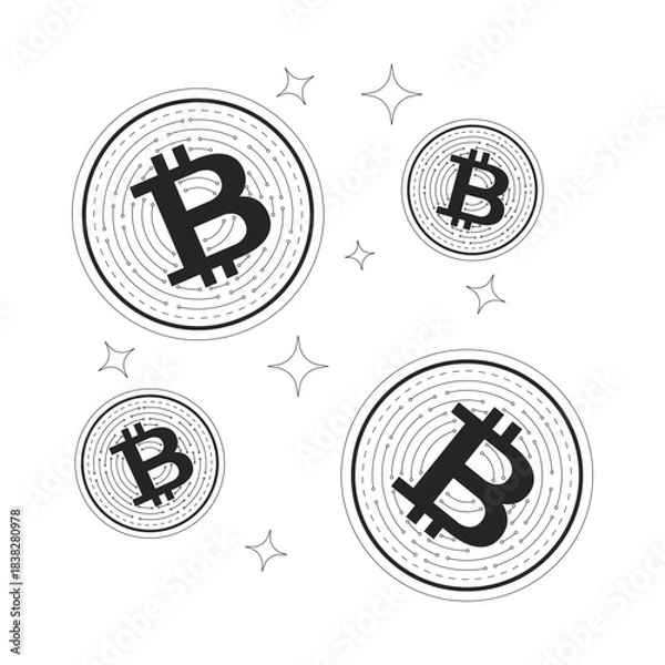 Obraz Floating bitcoin coins with sparkles 2D line object. Crypto digital currency levitating. Virtual money. Cryptocurrency twinkles isolated clipart vector ink outline item. Monochrome spot illustration