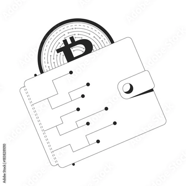 Obraz Bitcoin digital wallet with cryptocurrency coin 2D line object. Crypto storage. Online money. Fintech e-wallet. BTC peeking out isolated clipart vector ink outline item. Monochrome spot illustration