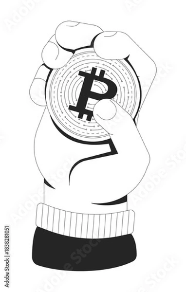 Obraz Hand holding bitcoin coin outline illustration. Fingers gripping BTC digital currency. Investment control. Cryptocurrency power isolated 2D vector image black and white. Linear drawing clip art