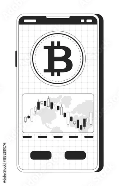 Obraz Bitcoin and trading chart on smartphone screen 2D line object. Mobile phone displaying BTC coin and candlestick over global world isolated clipart vector ink outline item. Monochrome spot illustration