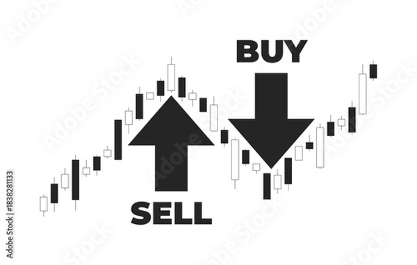 Obraz Financial candlestick chart with buy and sell arrows 2D line object. Price trend in forex trading. Stock market movement points isolated clipart vector ink outline item. Monochrome spot illustration