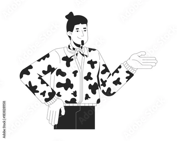 Obraz Stylish country man in patterned jacket and neckerchief 2D line character. Modern caucasian cowboy in trendy rural-inspired fashion isolated vector ink outline person. Monochromatic spot illustration