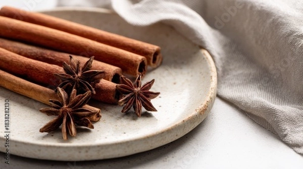 Fototapeta Whole cinnamon sticks and star anise on off-white ceramic plate with linen napkin for spice branding, wellness recipes, clean food styling, holistic cooking, and natural product packaging

