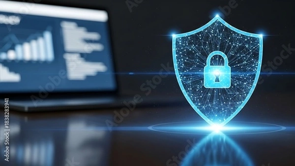 Fototapeta Cybersecurity Shield with Laptop Displaying Data Analytics.