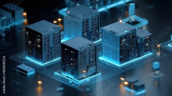Obraz Isometric glowing server racks in futuristic data center environment