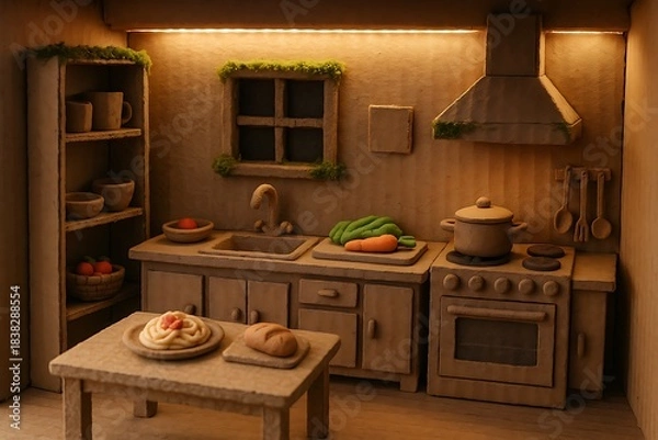 Obraz Handcrafted Clay Miniature Kitchen with Rustic Details