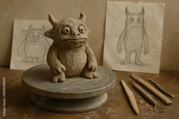 Obraz Hand-Sculpted Clay Monster on Pottery Wheel with Sketches and Tools