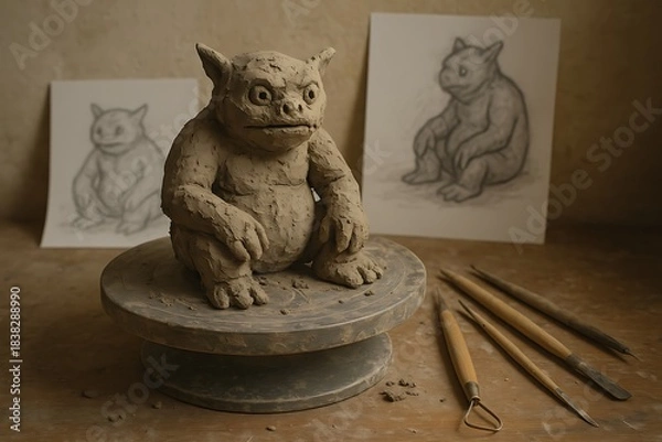 Obraz Handmade Clay Sculpture of a Fantasy Creature on a Pottery Wheel