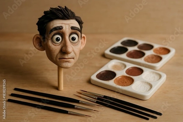 Obraz Meticulously Sculpted Stop-Motion Character Head with Artist's Tools