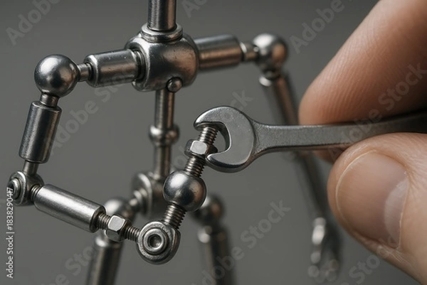 Obraz Hand Tightening Bolt on Articulated Metal Figure with Wrench