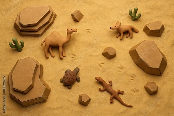 Obraz Playful Clay Desert Scene with Cute Animals and Sand