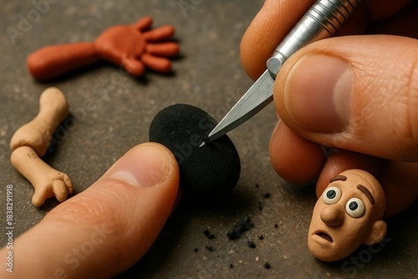 Obraz Close-up of Hands Sculpting a Clay Character with a Craft Knife