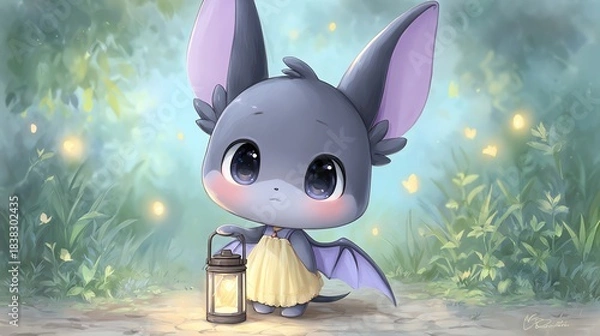 Fototapeta Cute bat character exploring mystical forest.