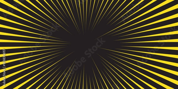 Fototapeta Vector realistic illustration of radial neon yellow lines glowing in darkness, energy burst, anime hero motion speed, manga design element. Abstract gold light motion speed zoom dynamic. 