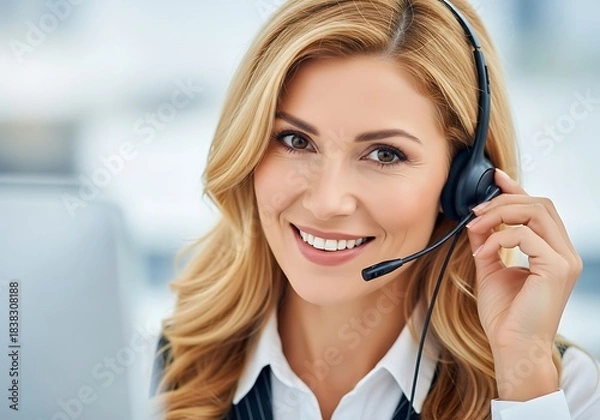 Fototapeta Smiling female customer service agent or call center operator wearing headset