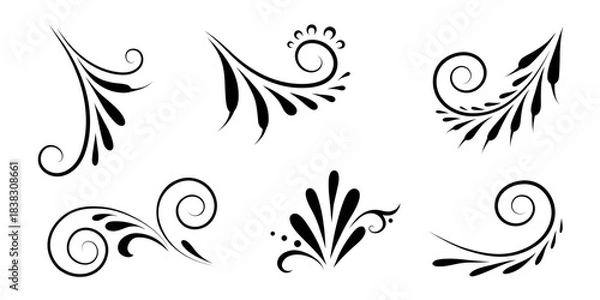 Fototapeta A set of decorative swirl in the form of lines. Filigree calligraphic decorative curls. Decorative vector illustration in retro style.