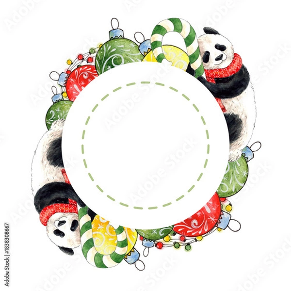 Fototapeta Christmas round frame with decorations, watercolor illustration. Place for your text. New Year's design, Christmas tree balls, garland, candy canes, and a panda.