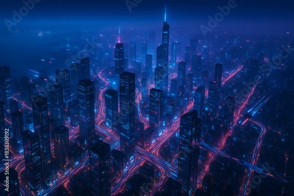 Obraz Stunning aerial view of futuristic city skyline at night with glowing traffic, perfect for tech companies or modern urban planning projects