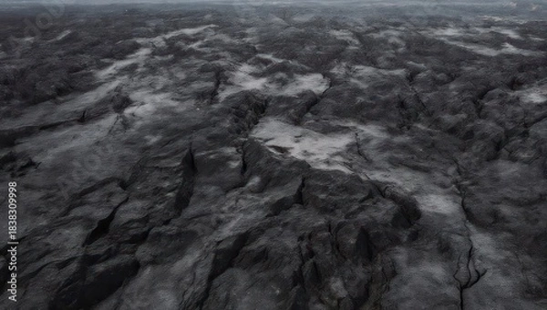 Fototapeta Aerial view of a rugged, textured, and desolate landscape in monochrome.