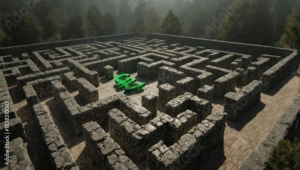 Fototapeta Aerial View of a Stone Maze with Green Object in Center.