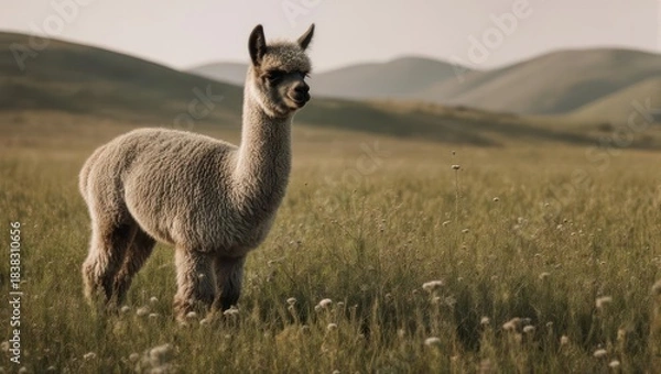 Fototapeta Alpaca Grazing in a Lush Green Field with Rolling Hills.