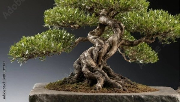 Fototapeta Ancient Twisted Bonsai Tree in a Stone Pot.