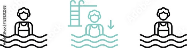 Fototapeta Outline drawing of a person half-submerged in wavy water, with a separate diving board or pool ladder element, suitable for summer graphics.