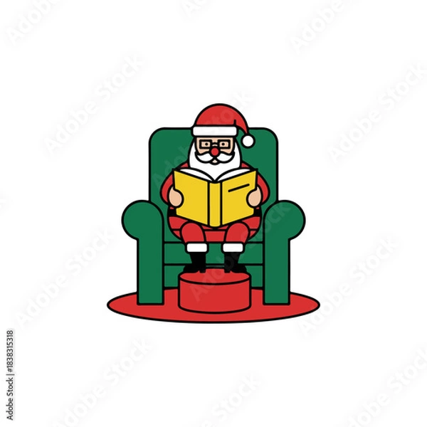 Obraz Santa Claus sitting in a comfortable armchair reading a book, a festive holiday illustration